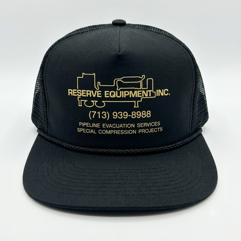 VINTAGE Reserve Equipment Trucker Hat Black Gold Snapback *USA Made* (Cleaned)